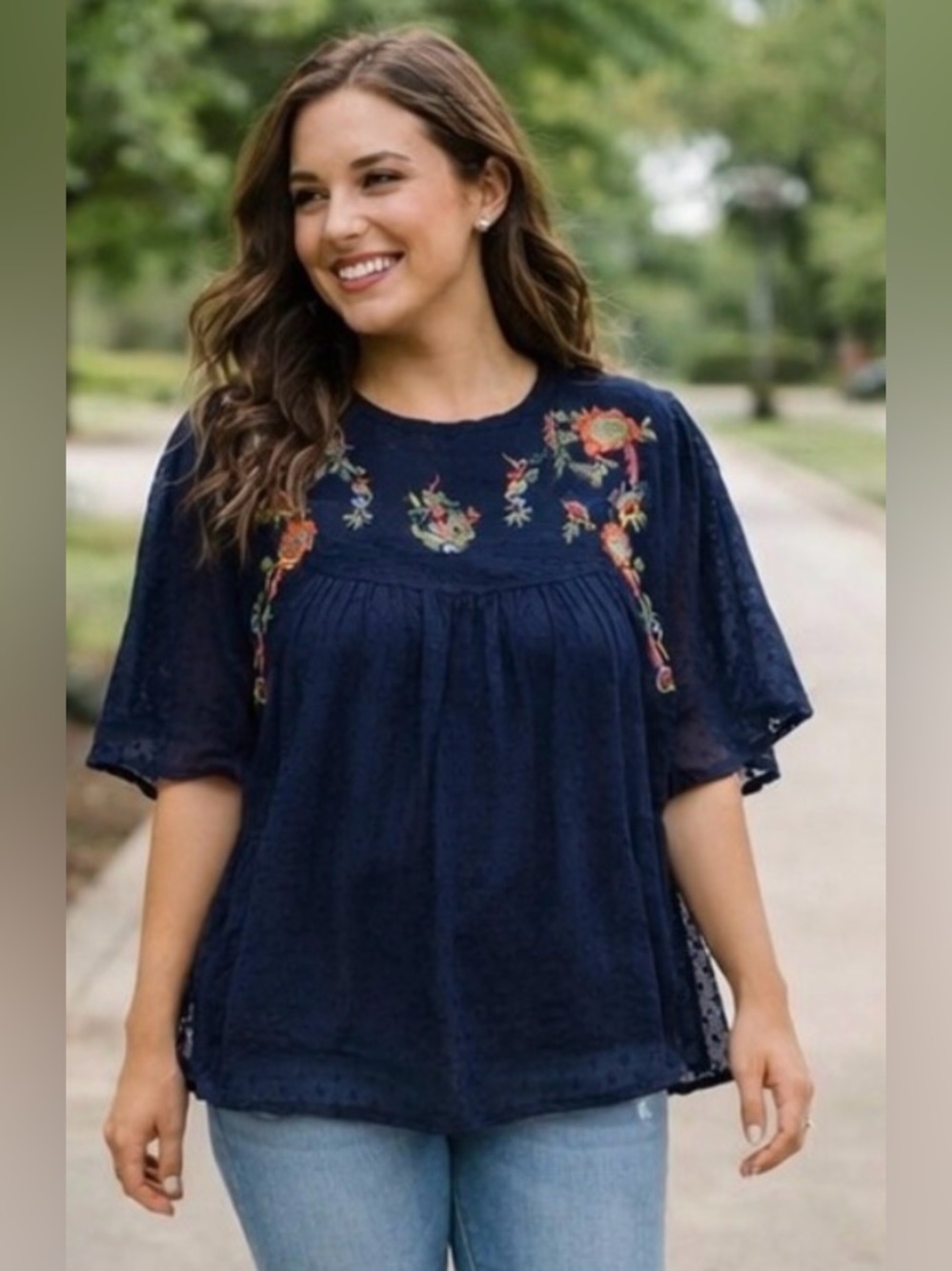 Free Generation Embroidered Boho Top Navy Floral Size L